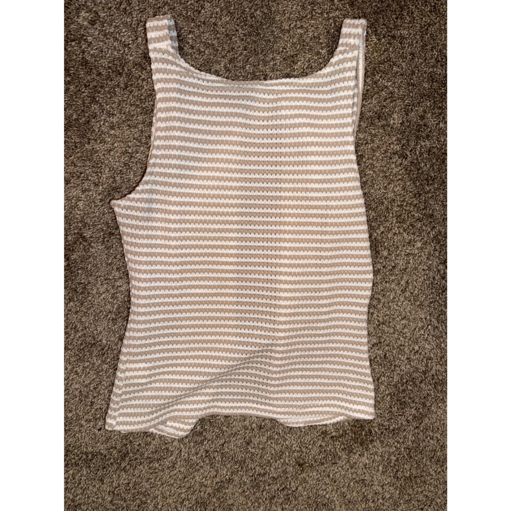 Tan and White Striped Sleeveless Button Front Knit Tank Top Medium (596) - Picture 5 of 6